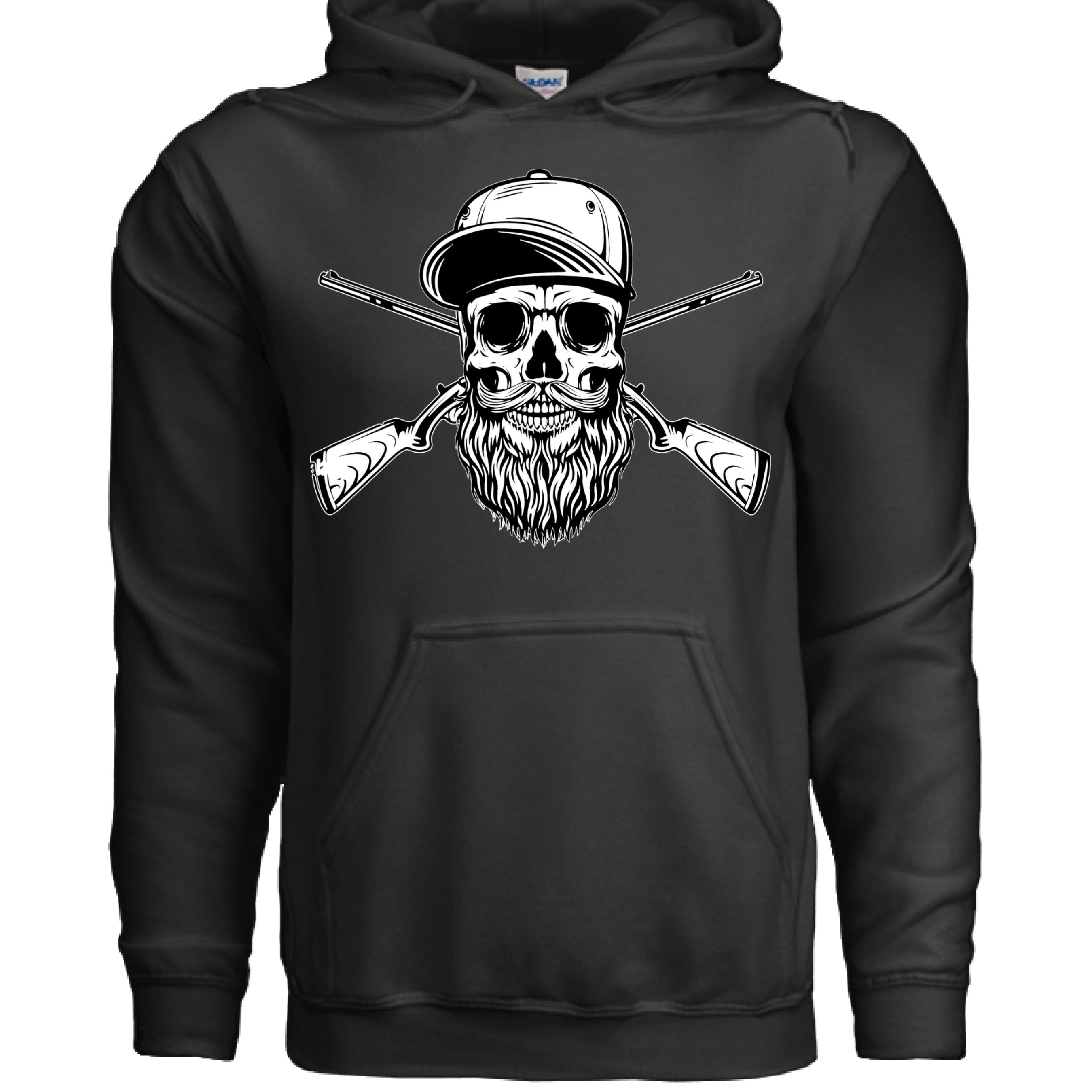 Bearded Skull Hunter with Crossed Shotguns Bold Vintage Beard Art Hoodie for Fearless Souls BLACK - FRONT