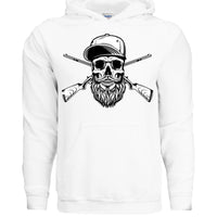 Bearded Skull Hunter with Crossed Shotguns Bold Vintage Beard Art Hoodie for Fearless Souls WHITE - FRONT