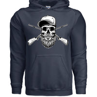 Bearded Skull Hunter with Crossed Shotguns Bold Vintage Beard Art Hoodie for Fearless Souls NAVY - FRONT