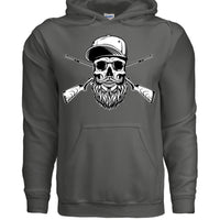 Bearded Skull Hunter with Crossed Shotguns Bold Vintage Beard Art Hoodie for Fearless Souls CHARCOAL - FRONT