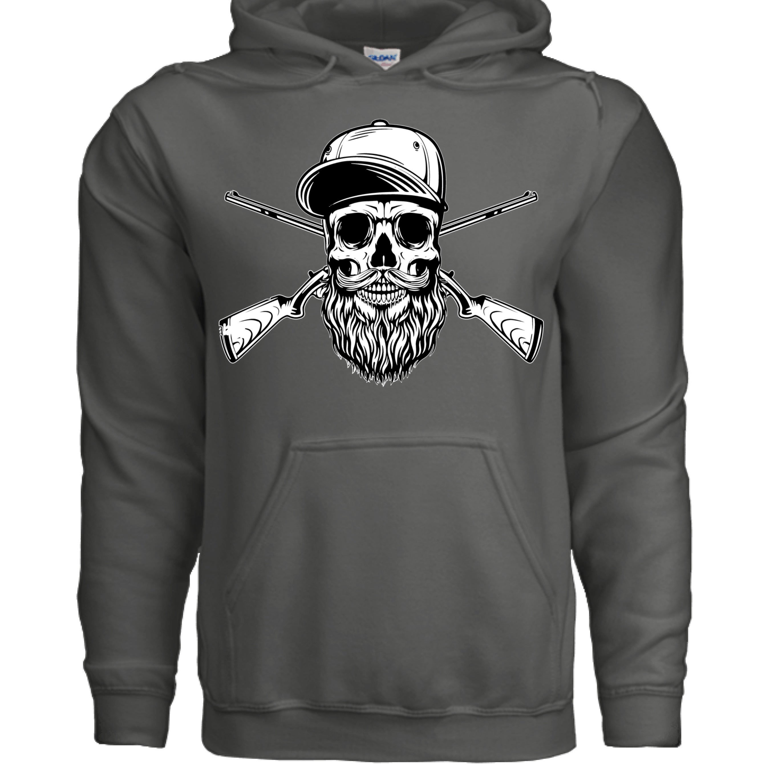 Bearded Skull Hunter with Crossed Shotguns Bold Vintage Beard Art Hoodie for Fearless Souls CHARCOAL - FRONT