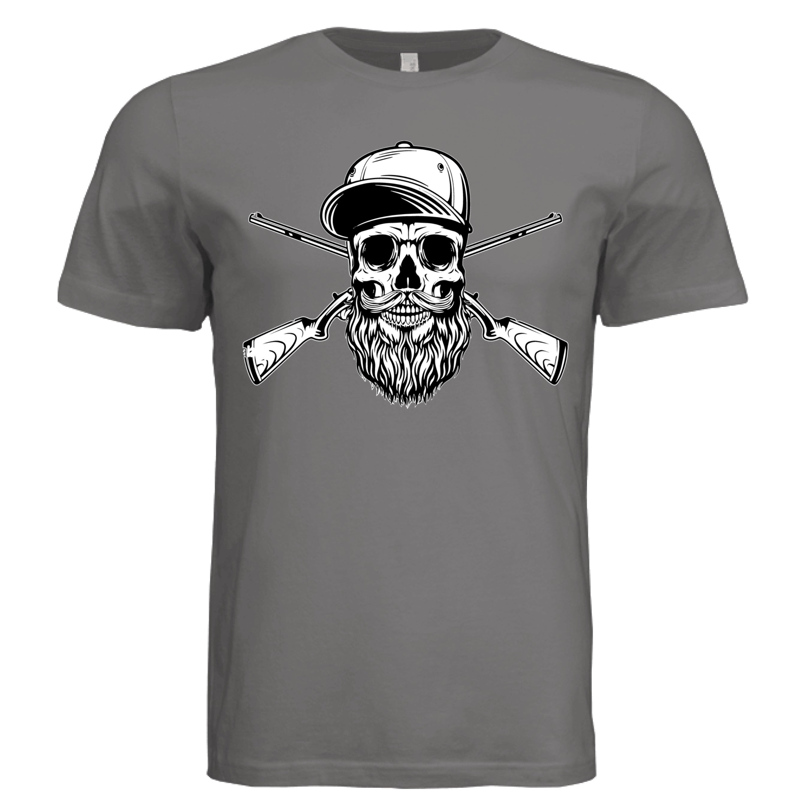 Bearded Skull Hunter with Crossed Shotguns Bold Vintage Beard Art for Fearless Souls DARK GREY - FRONT