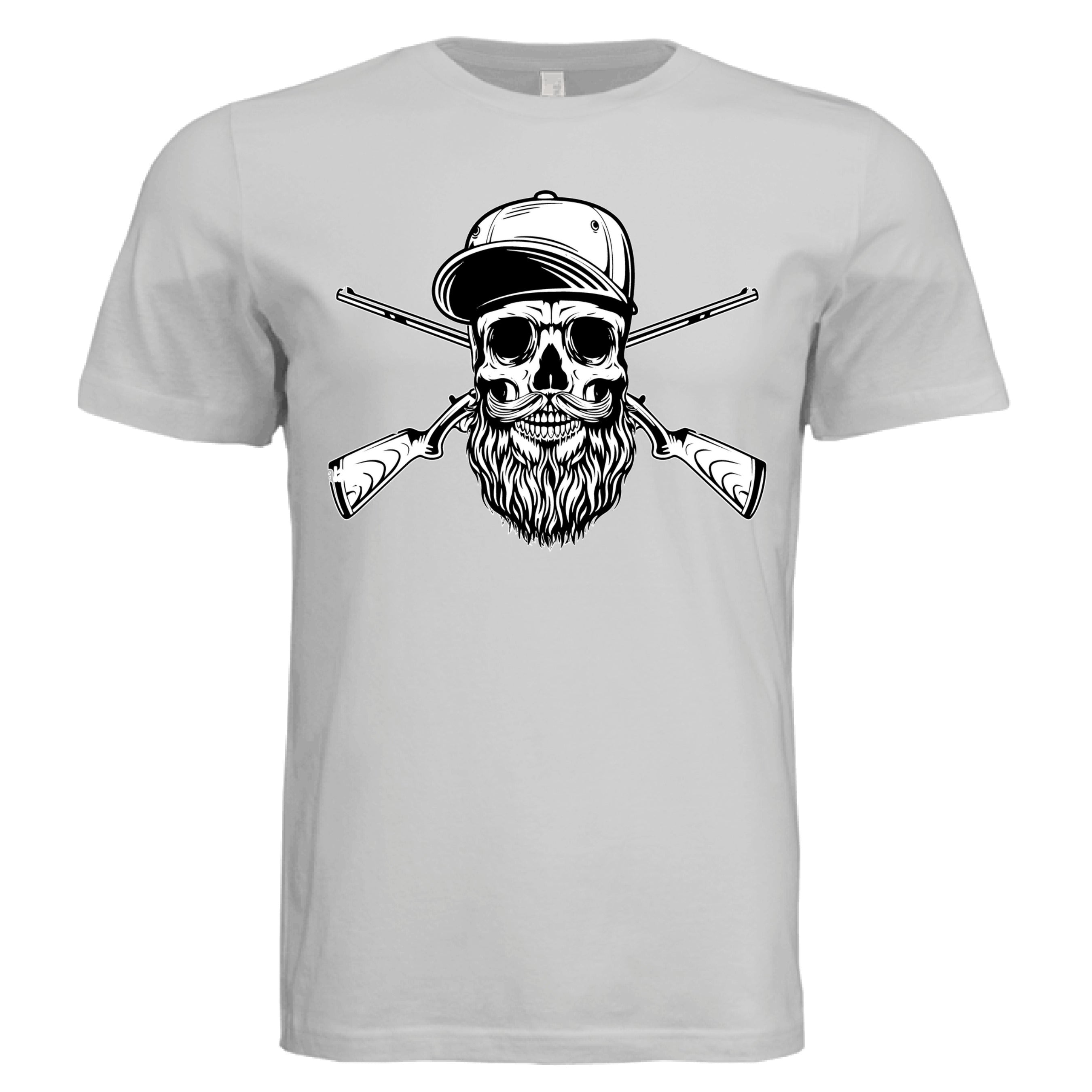 Bearded Skull Hunter with Crossed Shotguns Bold Vintage Beard Art for Fearless Souls SILVER - FRONT