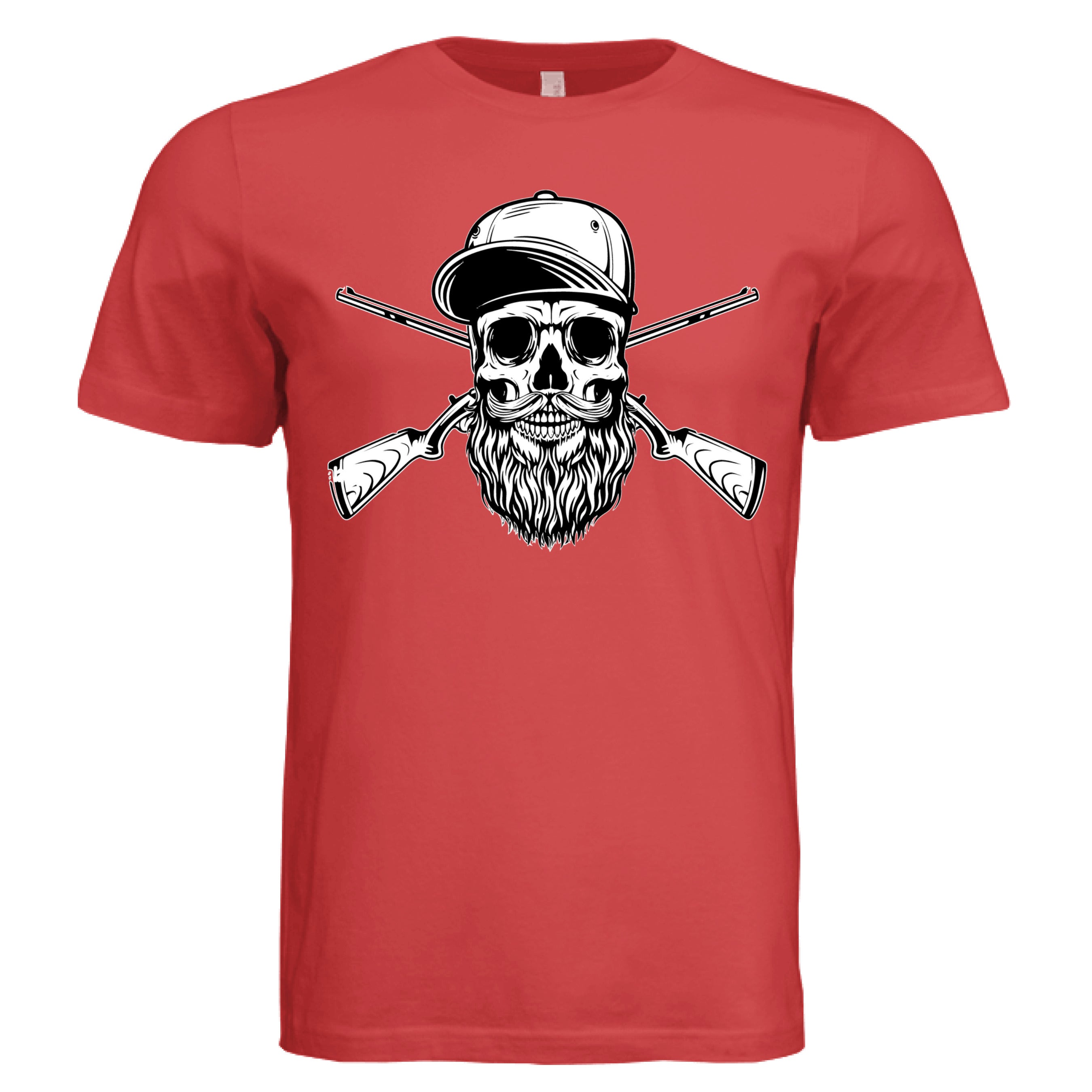 Bearded Skull Hunter with Crossed Shotguns Bold Vintage Beard Art for Fearless Souls RED - FRONT