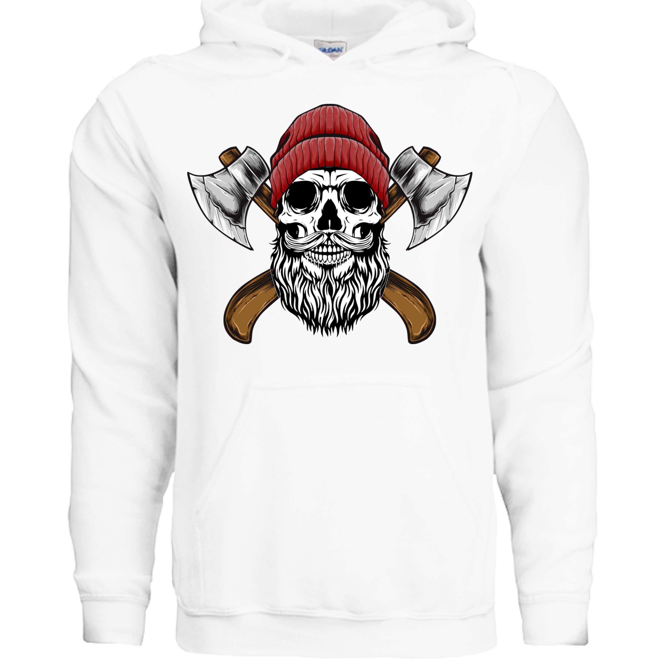 Bearded Lumberjack Skull Hoodie featuring a skull with a beard and axes, perfect for outdoor enthusiasts.