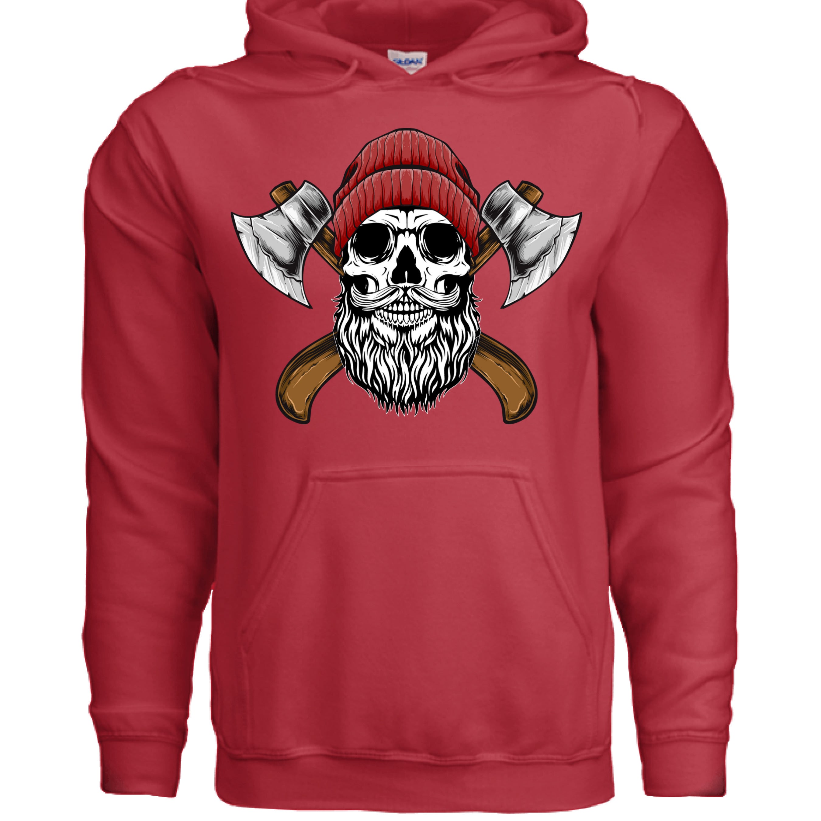 Bearded Lumberjack Skull Hoodie featuring an illustration of a skull, axes, and a red beanie.