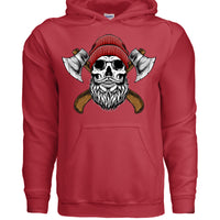 Bearded Skull Lumberjack Hoodie with Axes Art Design RED - FRONT