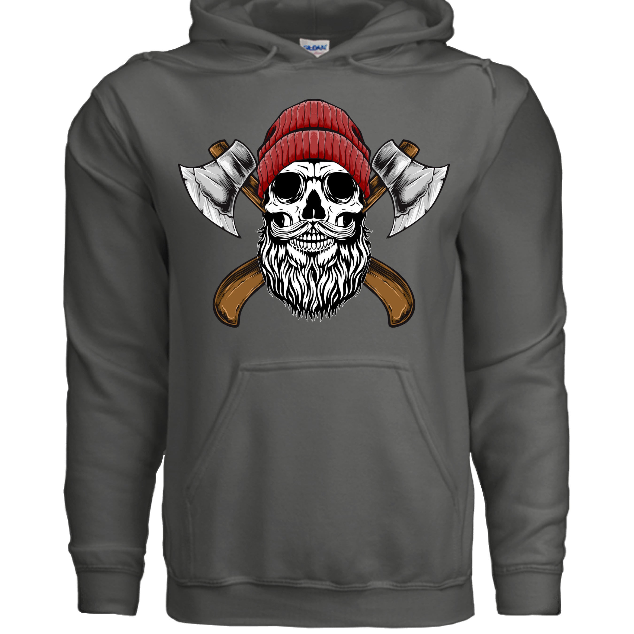 Bearded Lumberjack Skull Hoodie featuring an illustrated skull with axes, perfect for the woods man.