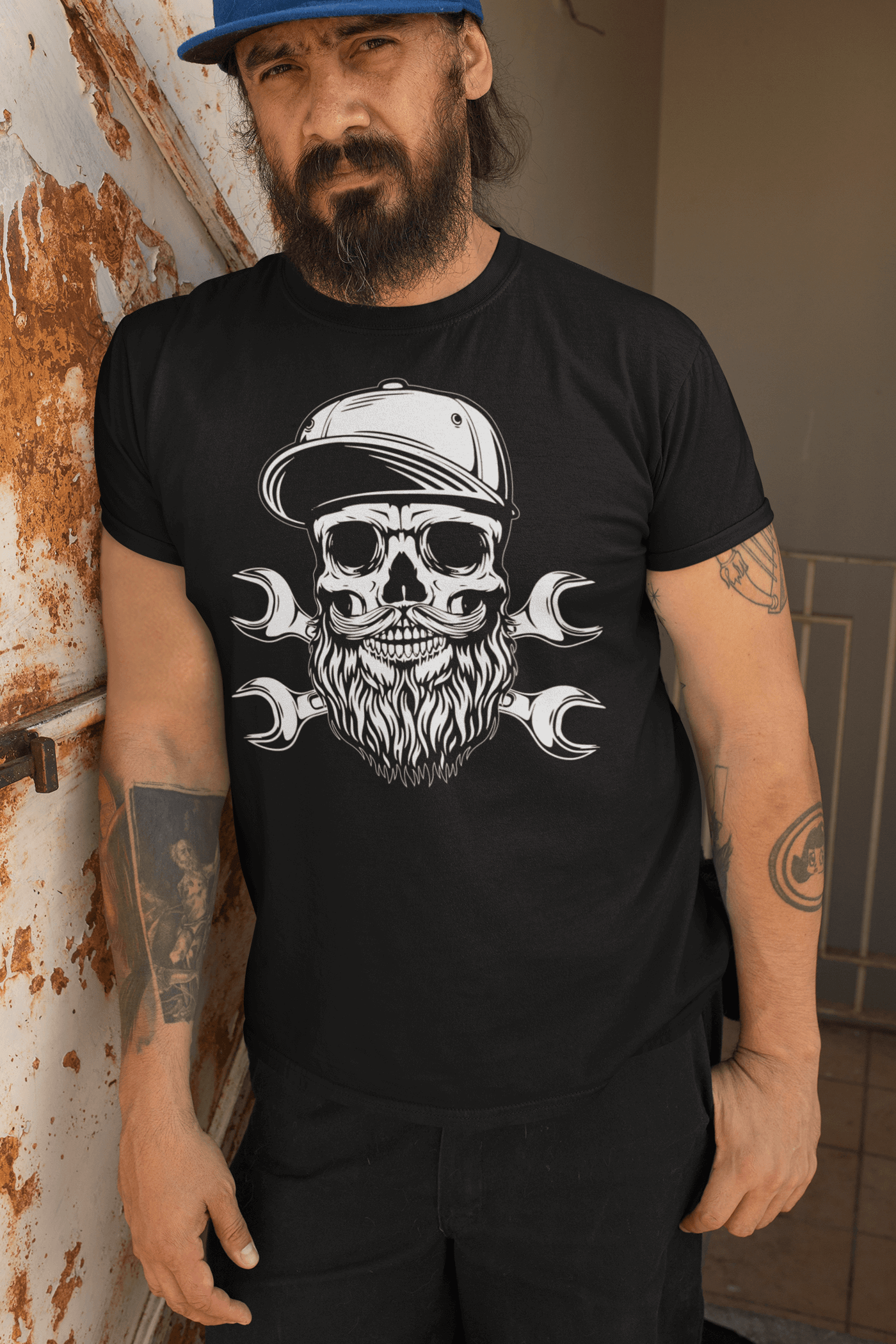 Bearded Skull Mechanic Hanes Tee Shirt For Handy Beard Guys