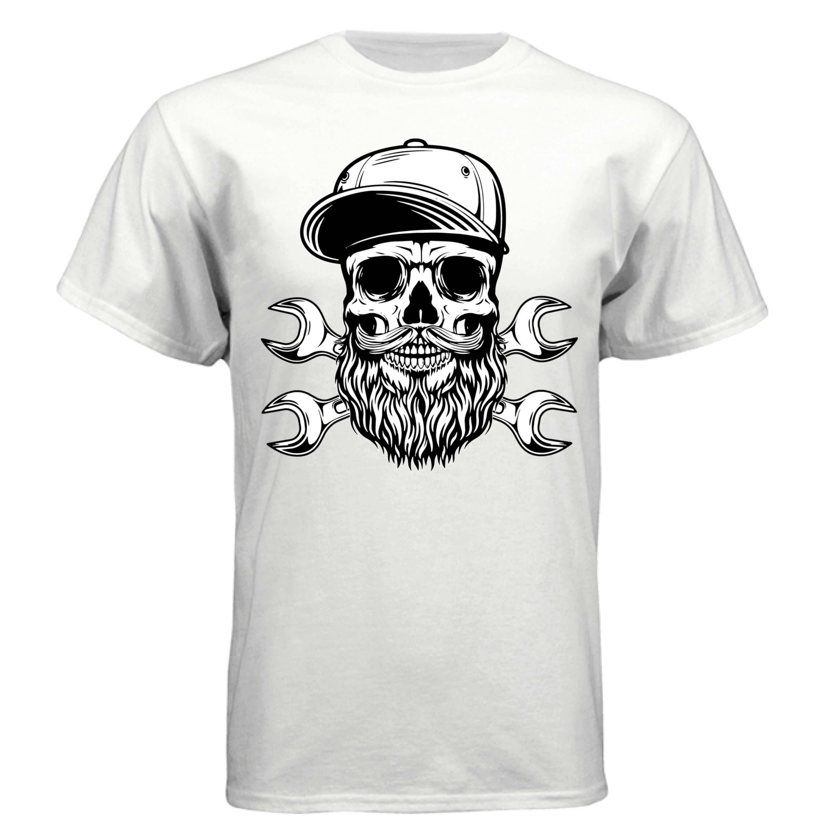 Bearded Skull Mechanic Hanes Tee Shirt Great For Bearded Gearheads WHITE - FRONT