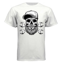 Bearded Skull Mechanic Hanes Tee Shirt Great For Bearded Gearheads WHITE - FRONT