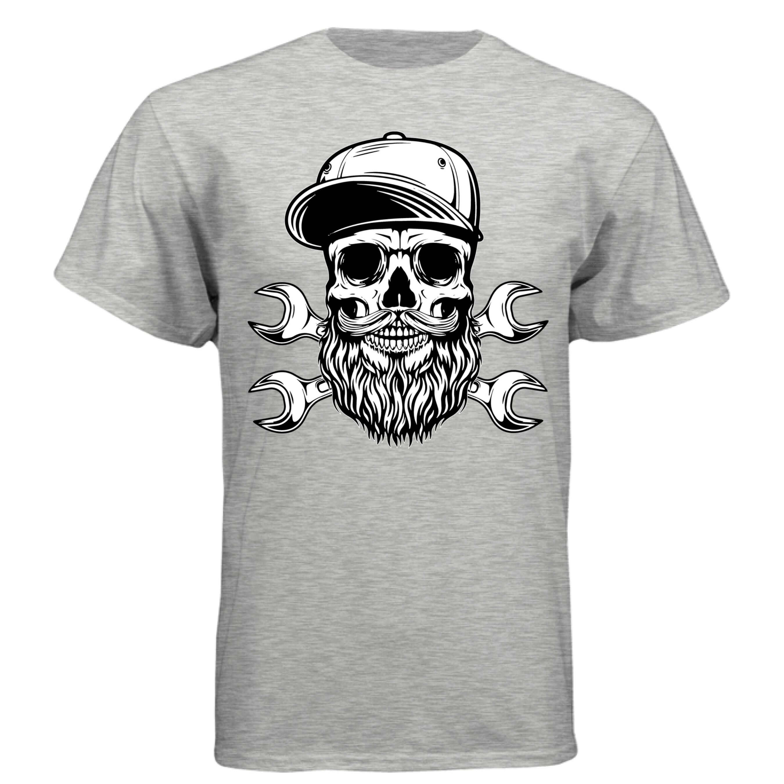 Bearded Skull Mechanic Hanes Tee Shirt Great For Bearded Gearheads ASH - FRONT