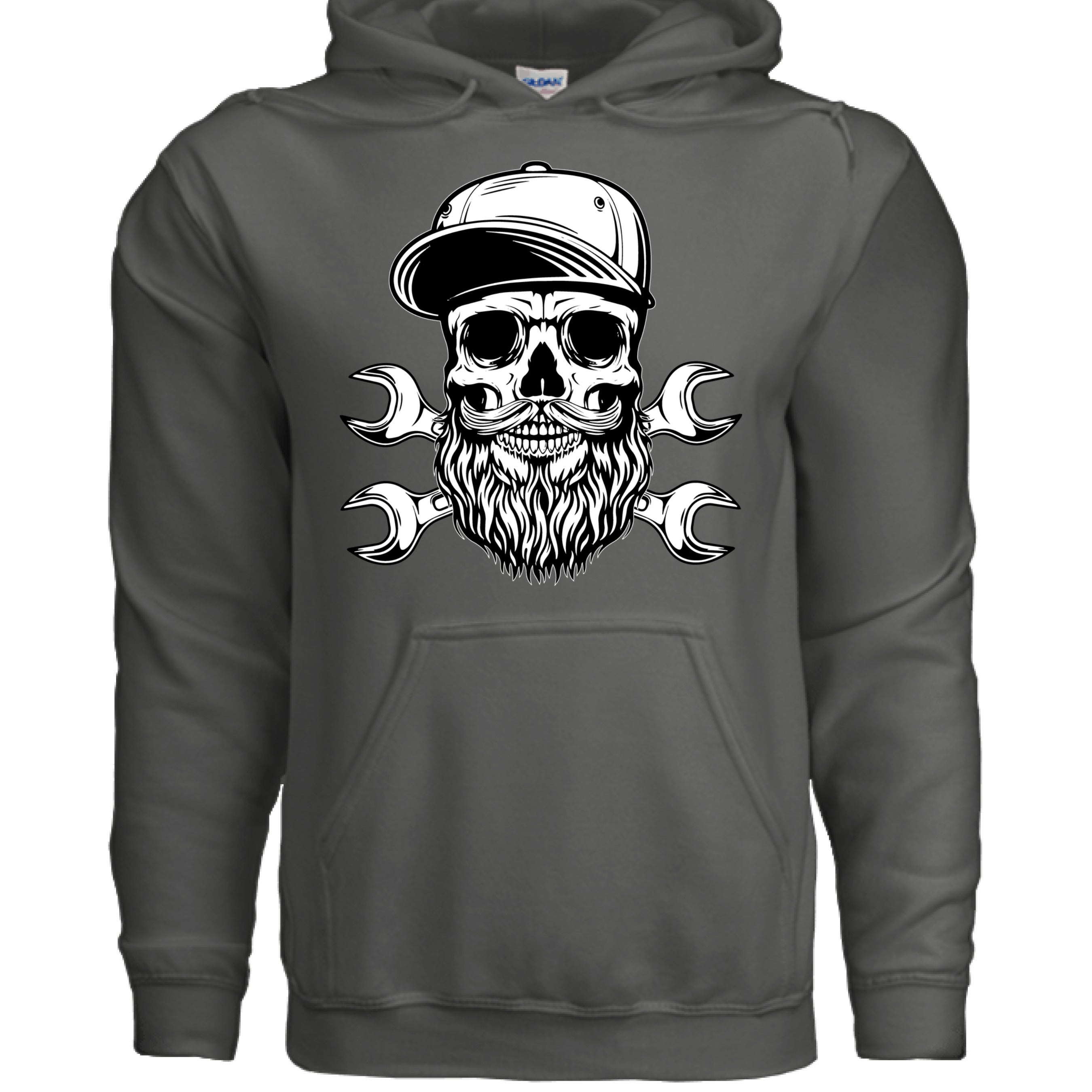 Bearded Skull Mechanic Hoodie Great For Bearded Gearheads CHARCOAL - FRONT