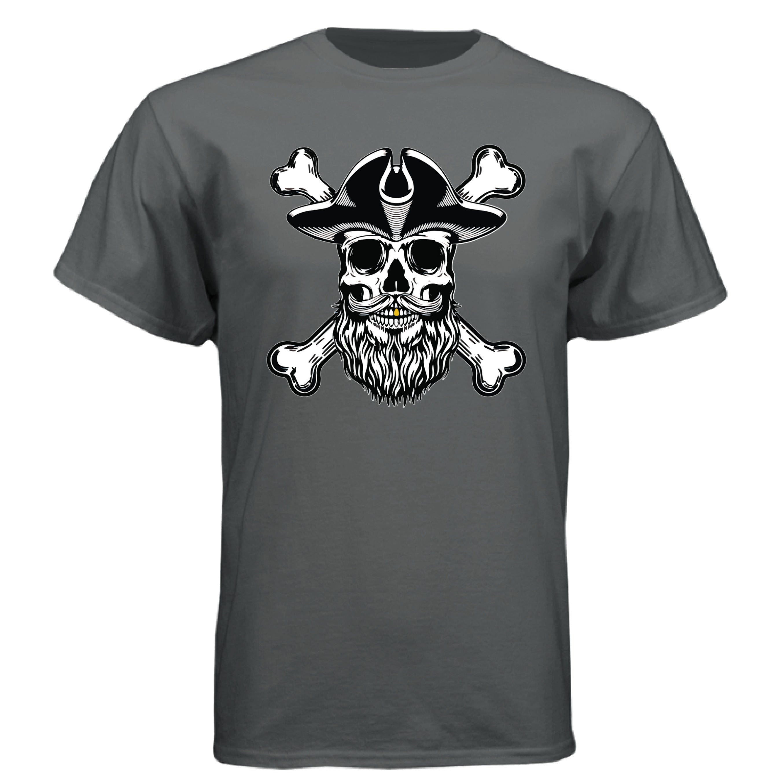 Bearded Skull Pirate Tee Shirt – For the Bold & Bearded Buccaneer CHARCOAL HEATHER - FRONT
