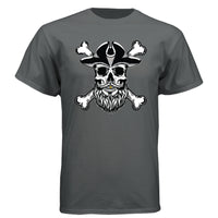 Bearded Skull Pirate Tee Shirt – For the Bold & Bearded Buccaneer CHARCOAL HEATHER - FRONT