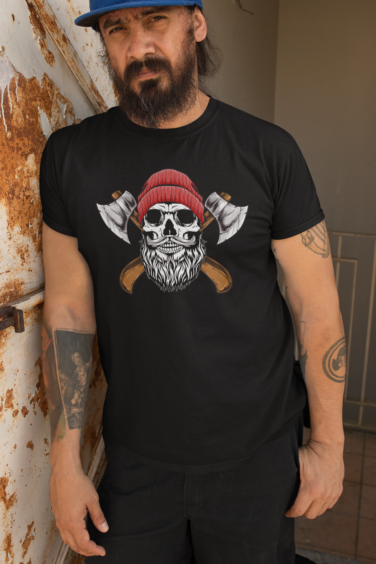 Bearded Skull Lumberjack T-Shirt  Lumberjack Skull with Crossed Axes Tee  Beard Skull Lumberjack Graphic Shirt  Bearded Woodsman Skull T-Shirt