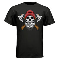 Bearded Skull Tee Shirt with Axes Lumberjack Art Design BLACK - FRONT