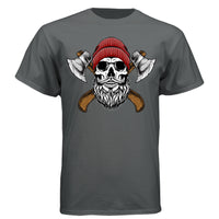 Bearded Skull Tee Shirt with Axes Lumberjack Art Design CHARCOAL HEATHER - FRONT