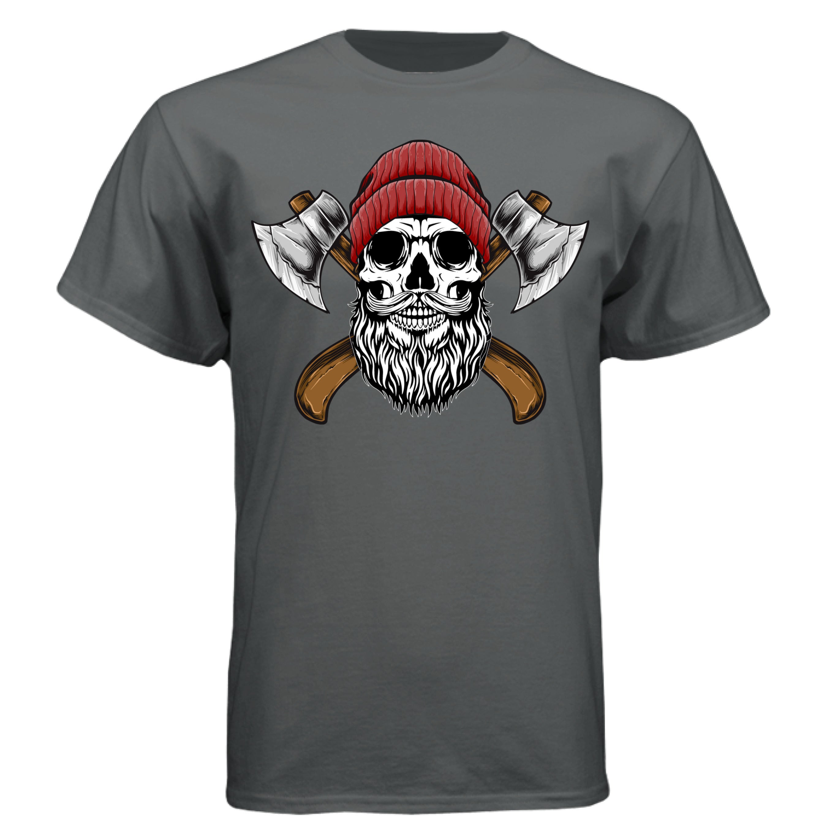 Bearded Skull Tee Shirt with Axes Lumberjack Art Design CHARCOAL HEATHER - FRONT
