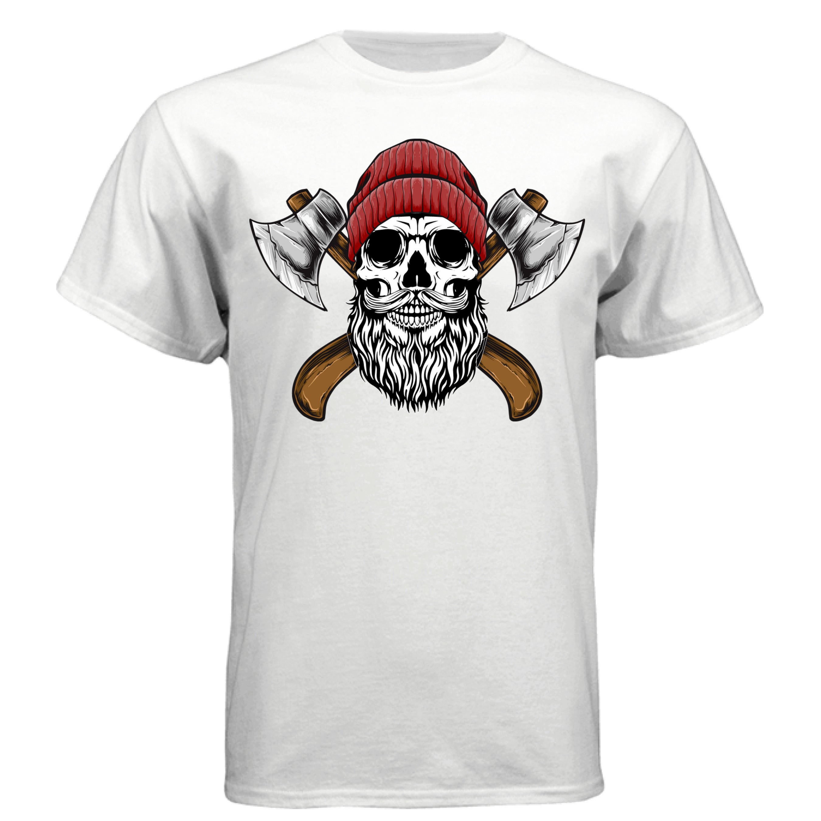 Bearded Skull Lumberjack T-Shirt  Lumberjack Skull with Crossed Axes Tee  Beard Skull Lumberjack Graphic Shirt  Bearded Woodsman Skull T-Shirt