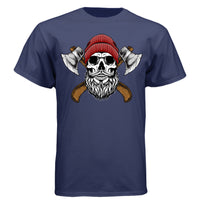 Bearded Skull Tee Shirt with Axes Lumberjack Art Design NAVY - FRONT