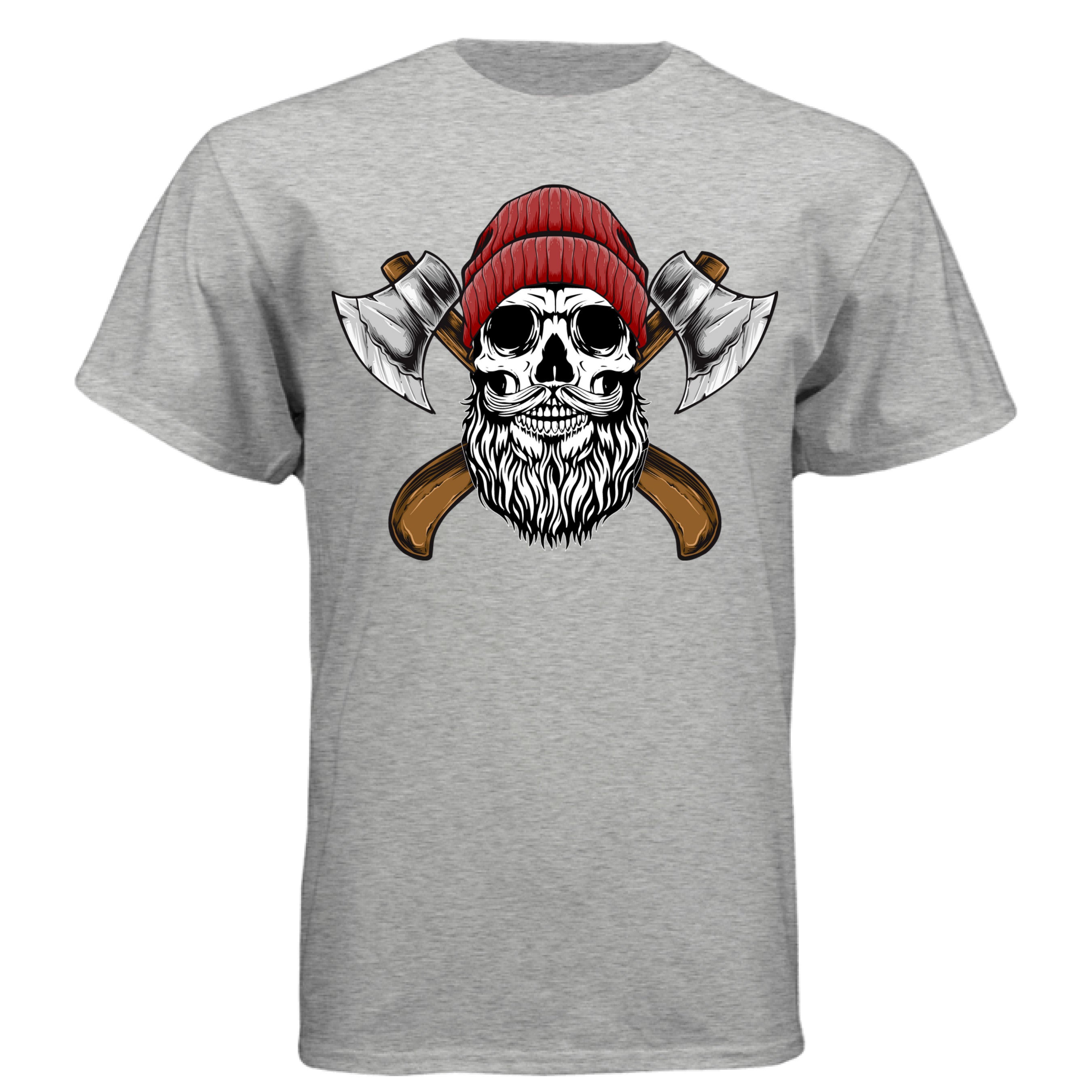 Bearded Skull Lumberjack T-Shirt  Lumberjack Skull with Crossed Axes Tee  Beard Skull Lumberjack Graphic Shirt  Bearded Woodsman Skull T-Shirt