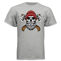Bearded Skull Tee Shirt with Axes Lumberjack Art Design LIGHT STEEL - FRONT