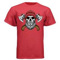 Bearded Skull Tee Shirt with Axes Lumberjack Art Design DEEP RED - FRONT