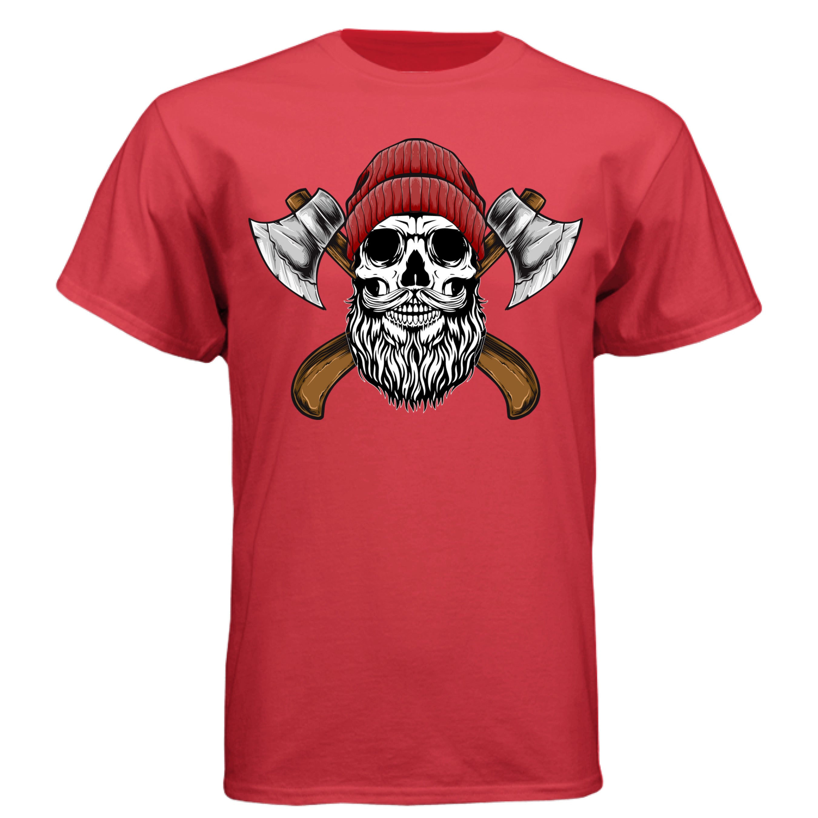 Bearded Skull Tee Shirt with Axes Lumberjack Art Design DEEP RED - FRONT