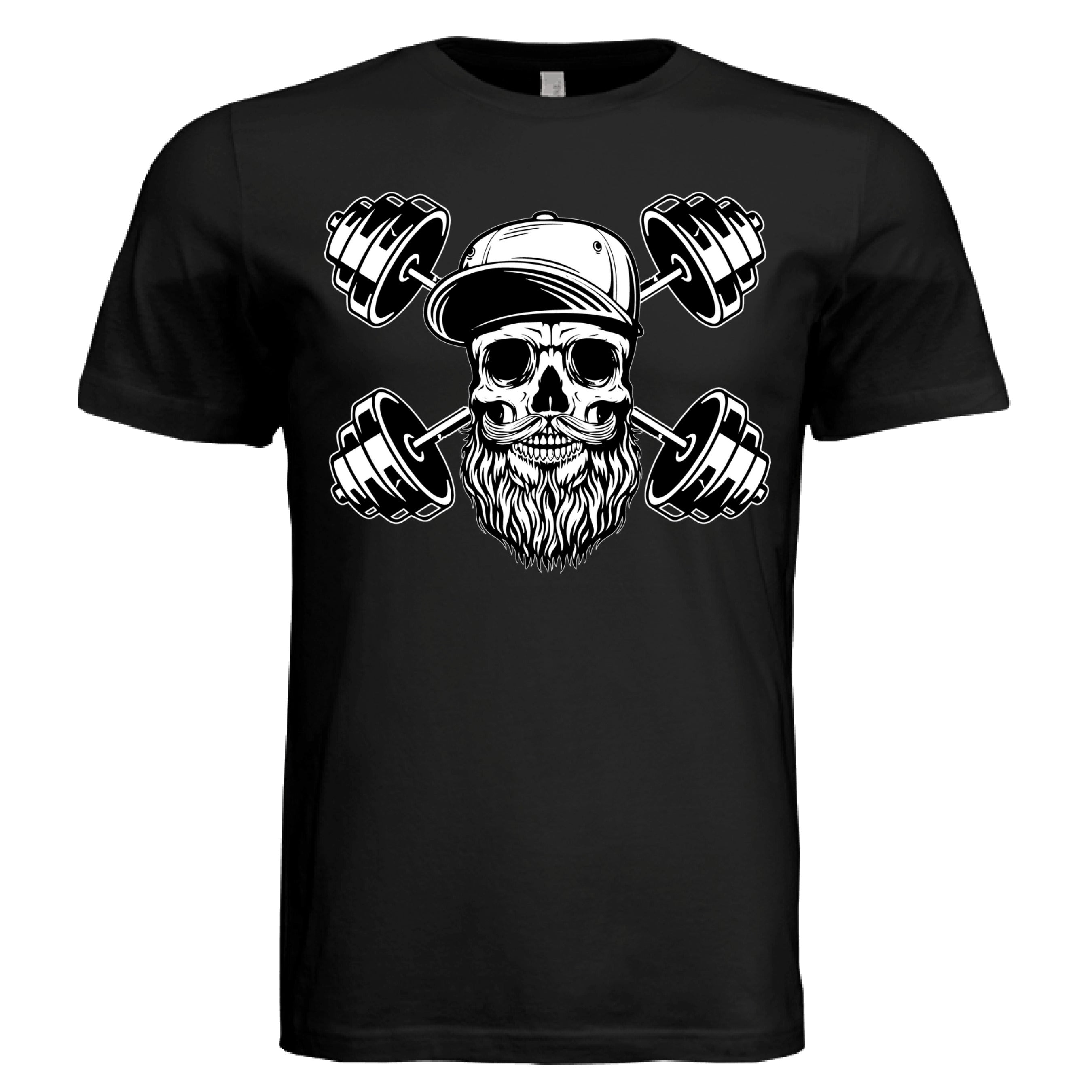 Bearded Skull with Dumbbells Fitness and Strength Beard Artwork T-Shirt
 BLACK - FRONT