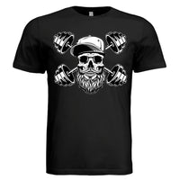 Bearded Skull with Dumbbells Fitness and Strength Beard Artwork T-Shirt
 BLACK - FRONT