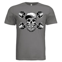 Bearded Skull with Dumbbells Fitness and Strength Beard Artwork T-Shirt DARK GREY - FRONT