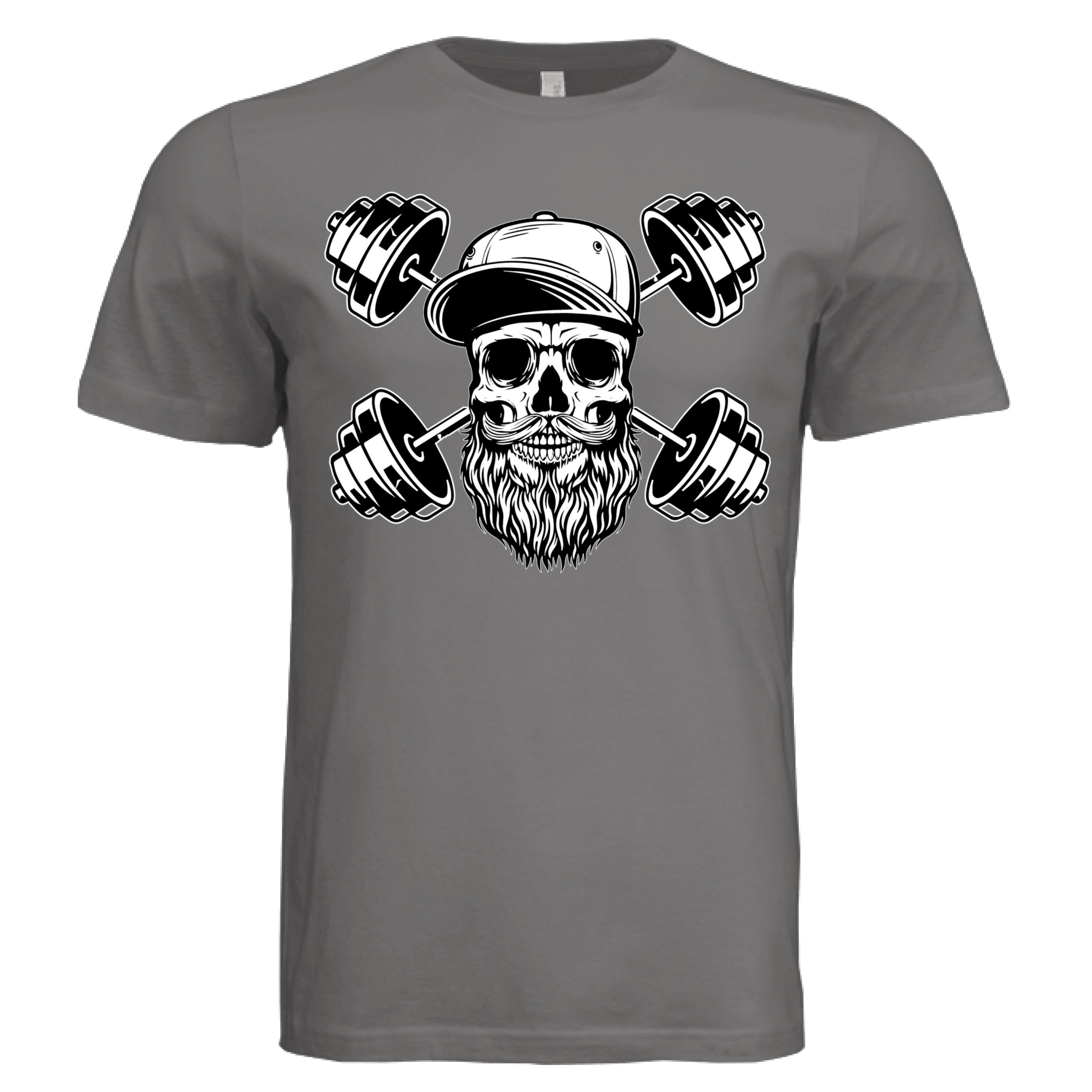Bearded Skull with Dumbbells Fitness and Strength Beard Artwork T-Shirt DARK GREY - FRONT