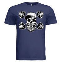 Bearded Skull with Dumbbells Fitness and Strength Beard Artwork T-Shirt NAVY - FRONT