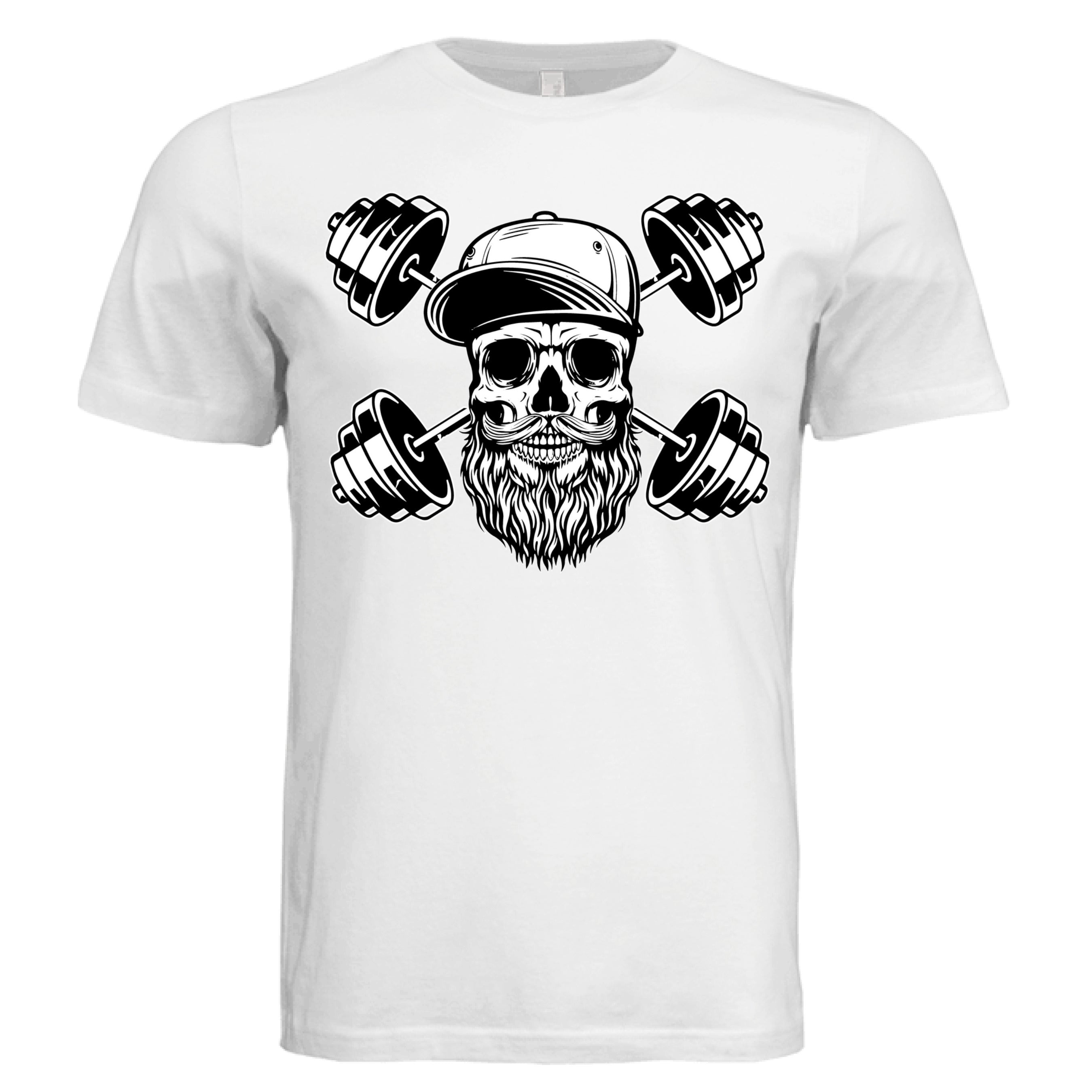 Bearded Skull with Dumbbells Fitness and Strength Beard Artwork T-Shirt WHITE - FRONT