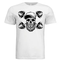 Bearded Skull with Dumbbells Fitness and Strength Beard Artwork T-Shirt WHITE - FRONT