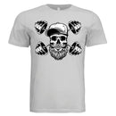 Bearded Skull with Dumbbells Fitness and Strength Beard Artwork T-Shirt SILVER - FRONT
