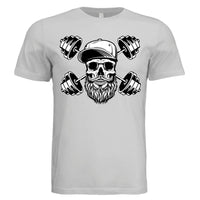 Bearded Skull with Dumbbells Fitness and Strength Beard Artwork T-Shirt SILVER - FRONT