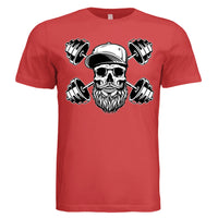 Bearded Skull with Dumbbells Fitness and Strength Beard Artwork T-Shirt RED - FRONT