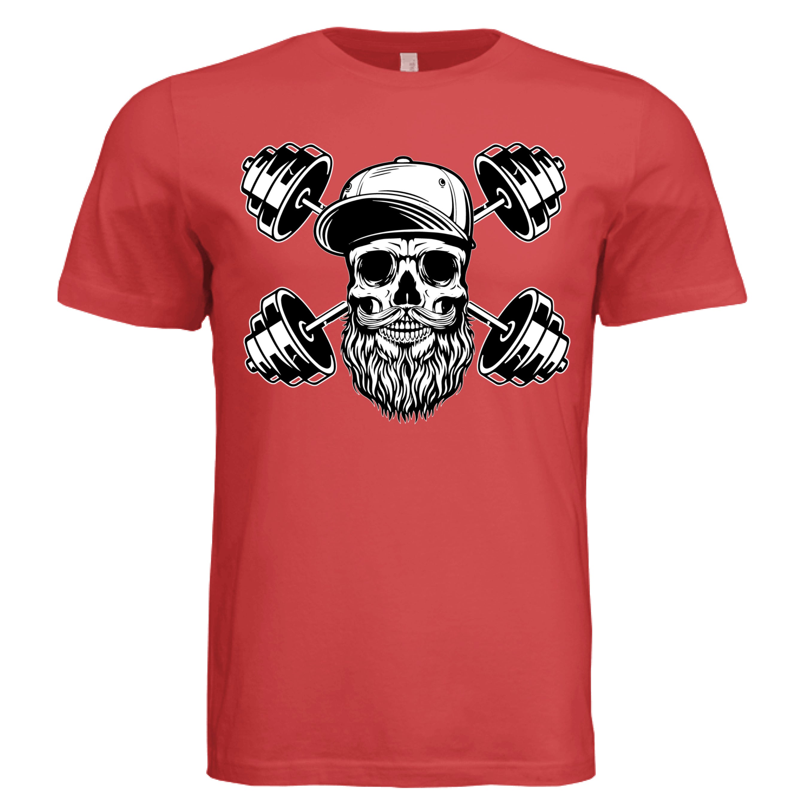 Bearded Skull with Dumbbells Fitness and Strength Beard Artwork T-Shirt RED - FRONT