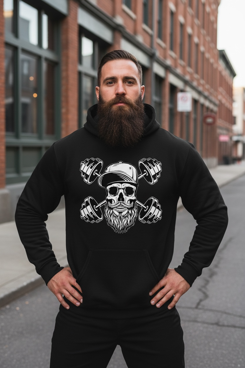 Bearded Skull With Dumbbells Crossbones Weight Lifting Workout Hoodie