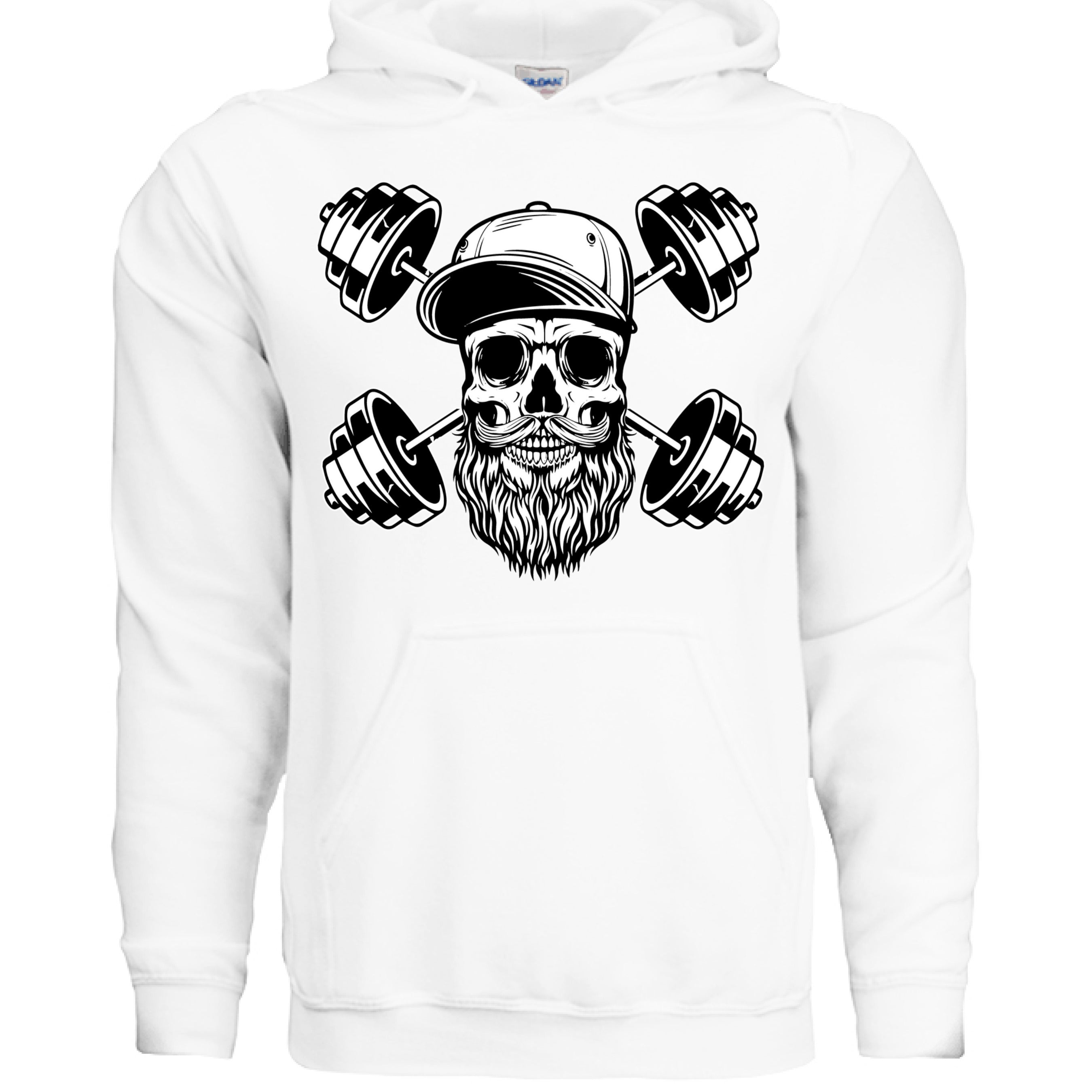 Bearded Skull with Dumbbells Fitness and Strength Beard Workout Hoodie WHITE-FRONT