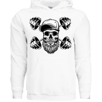 Bearded Skull with Dumbbells Fitness and Strength Beard Workout Hoodie WHITE-FRONT