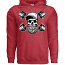Bearded Skull with Dumbbells Fitness and Strength Beard Workout Hoodie RED - FRONT