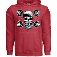 Bearded Skull with Dumbbells Fitness and Strength Beard Workout Hoodie RED - FRONT