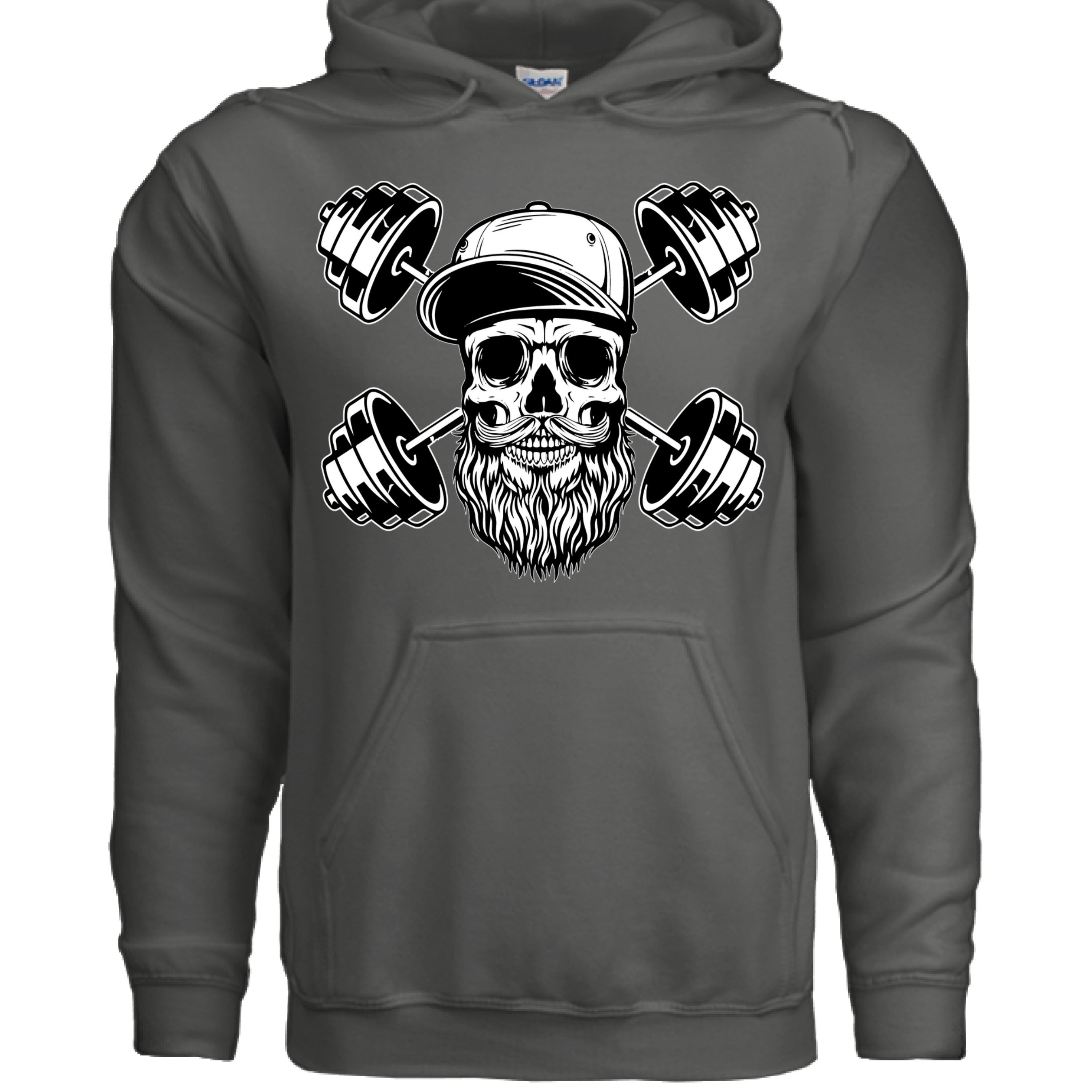 Bearded Skull with Dumbbells Fitness and Strength Beard Workout Hoodie  CHARCOAL - FRONT