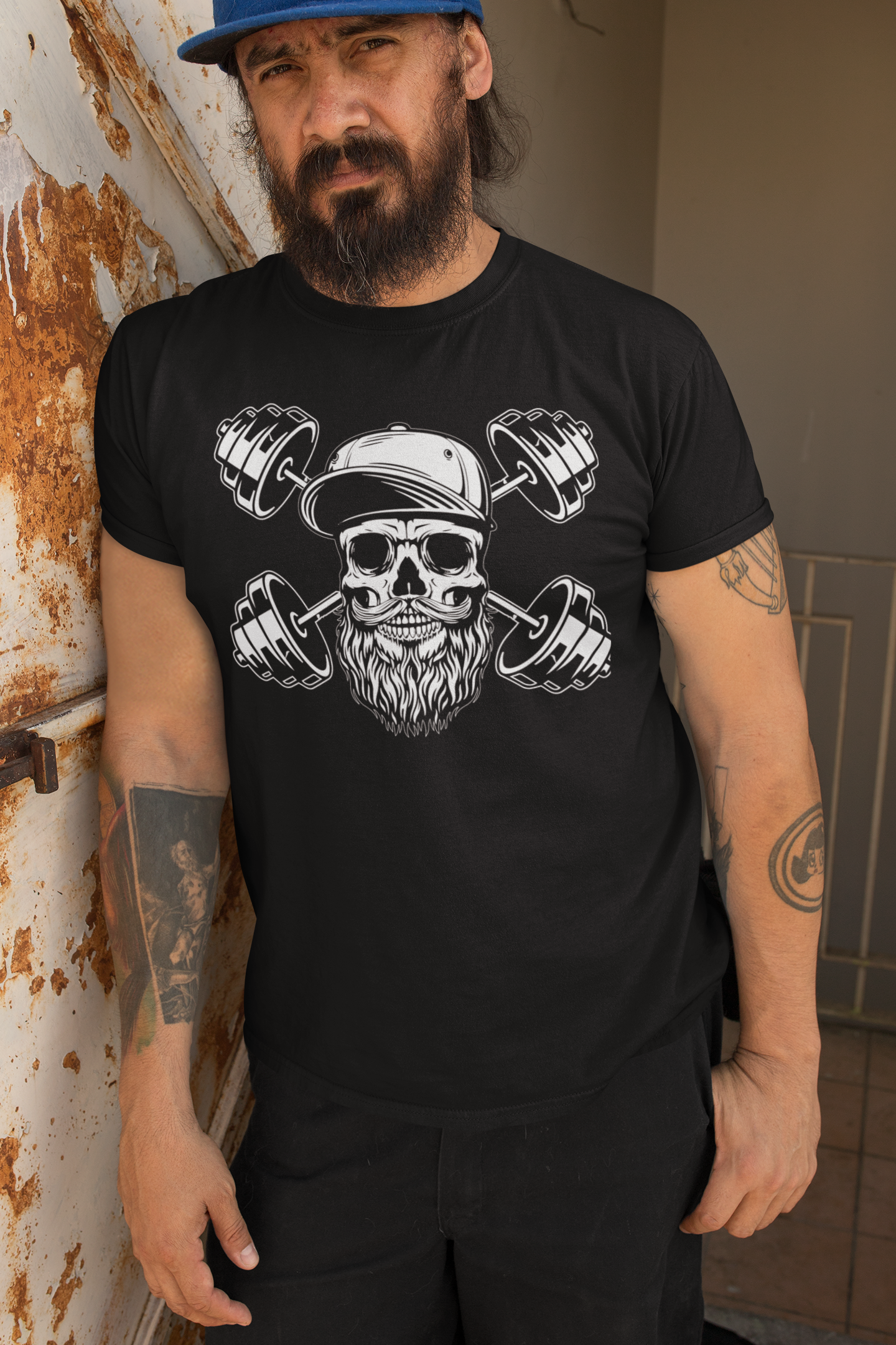 Bearded Skull with Dumbbells Fitness and Strength Beard Workout T-Shirt