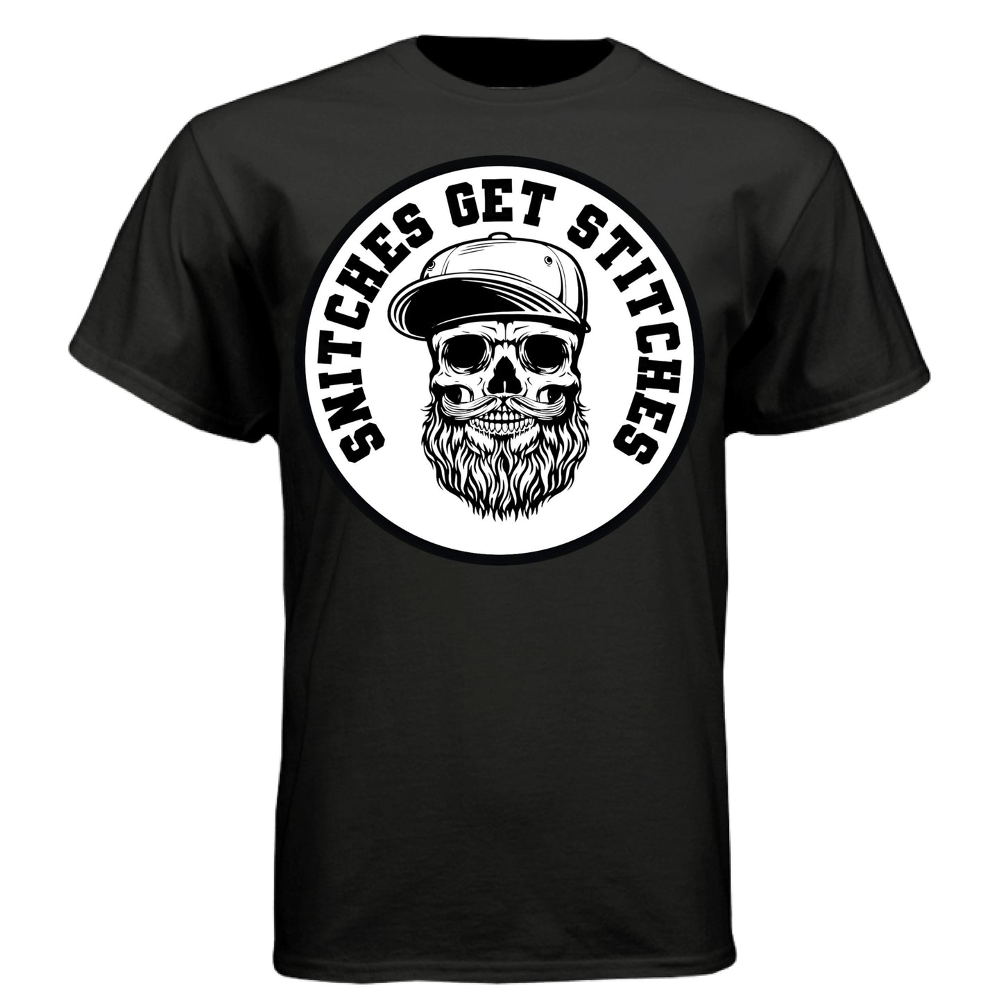 Snitches Get Stitches Bearded Skull Beard Graphic T-Shirt with Streetwise Attitude