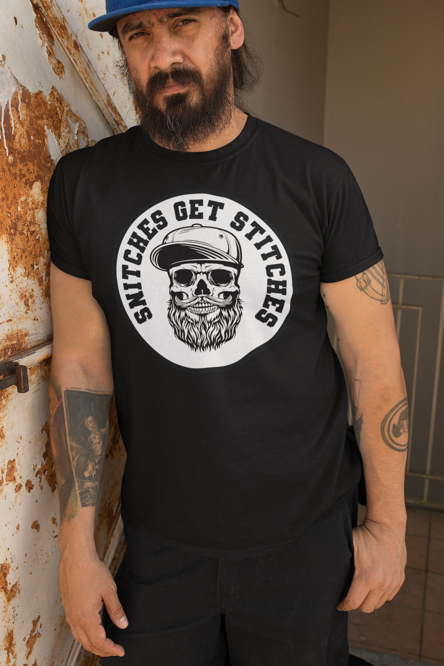Snitches Get Stitches Bearded Skull Beard Graphic T-Shirt with Streetwise Attitude