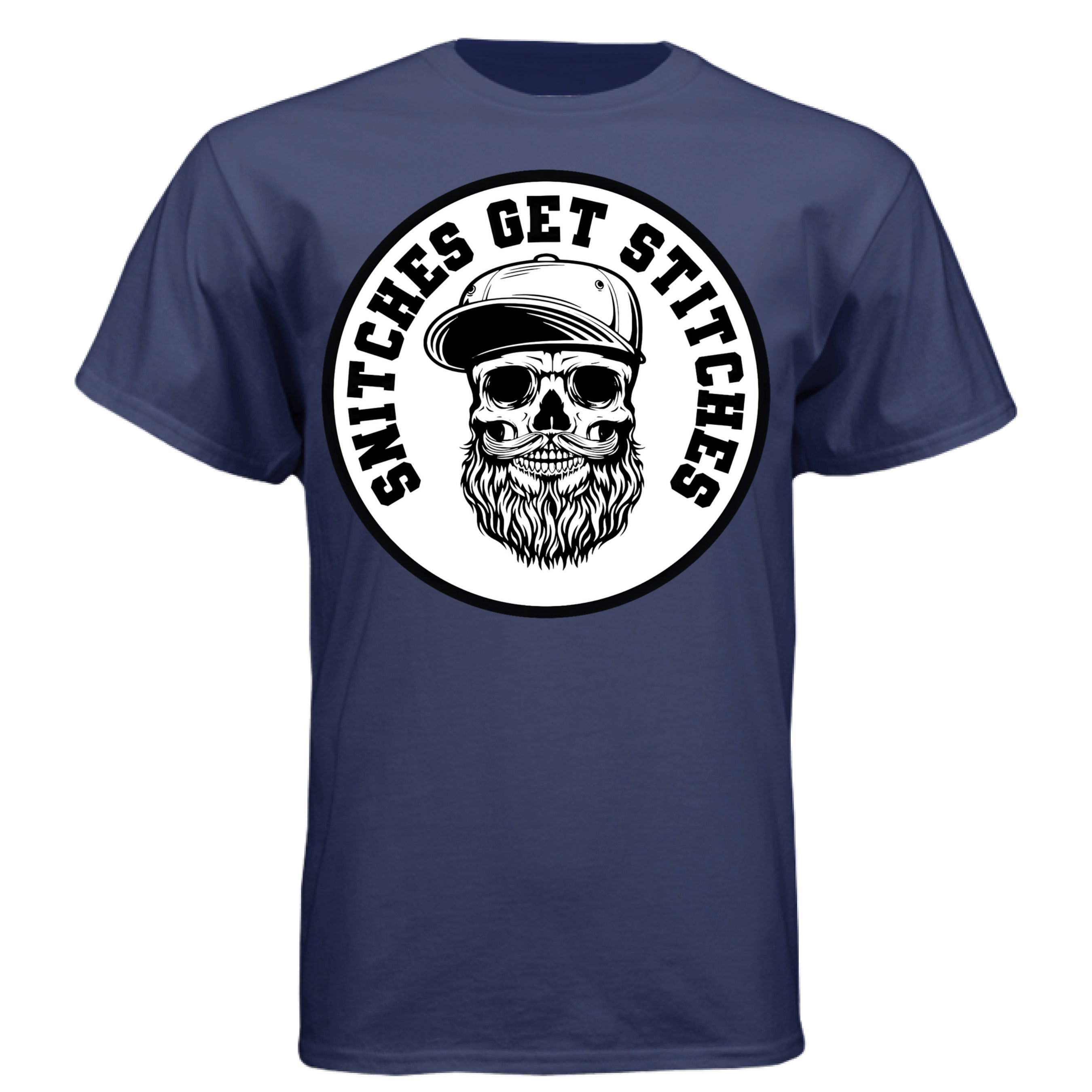Bearded Snitches Get Stitches Skull Beard Graphic T-Shirt with Streetwise Attitude NAVY - FRONT